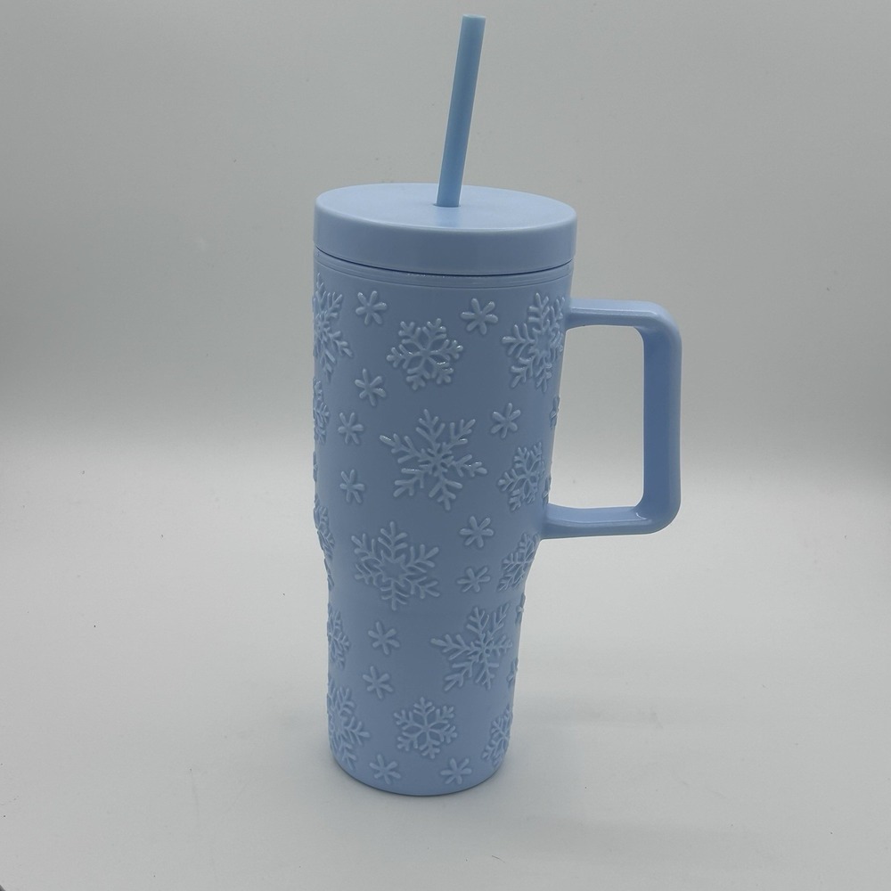 30oz Blue Acrylic Double Wall Insulated Snowflakes Tumbler Cup with Straw